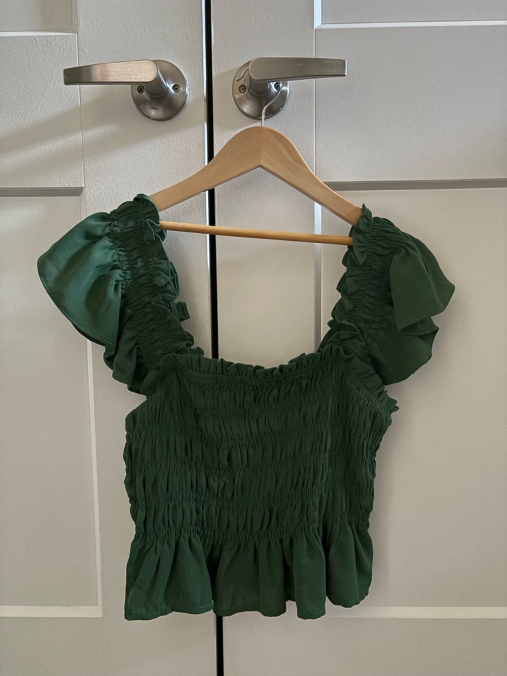 MINE Green Smocked Ruffle Cropped Shirt